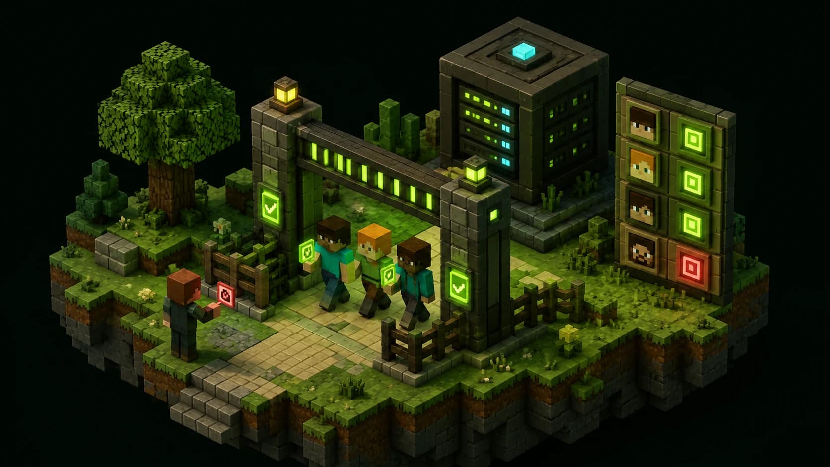 Voxel server gateway admitting three approved players while an unmatched identity waits outside