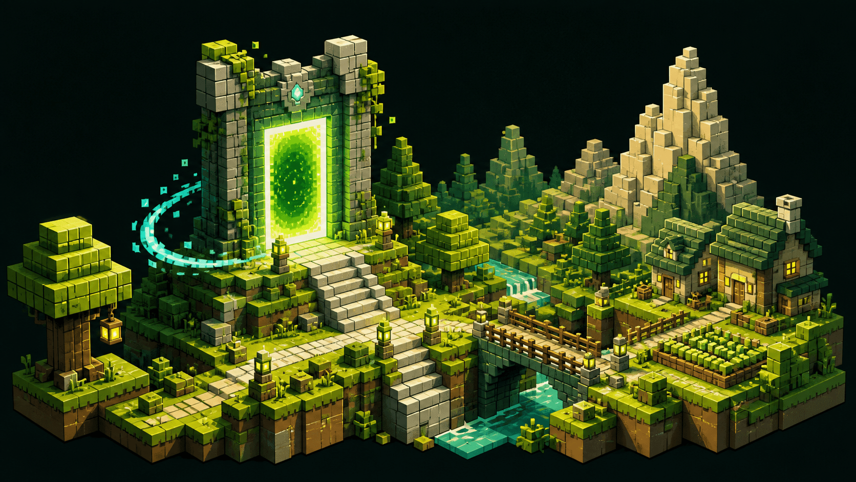 A large voxel multiplayer world connected through a glowing server portal